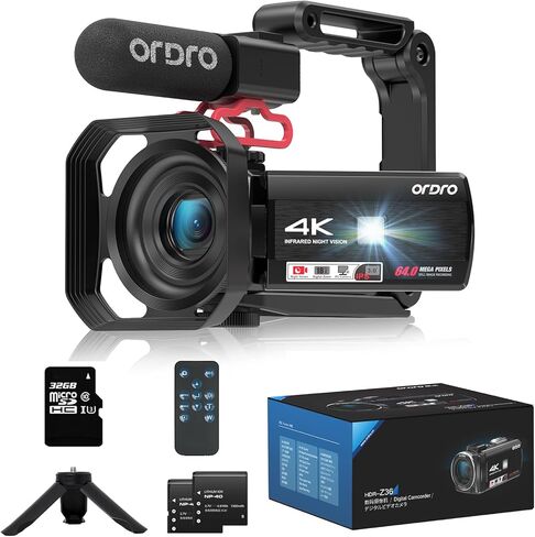 4K Video Camera Camcorder,1080P 60FPS Digital Camera IR Night Vision Camcorder, 3-inch 270° Rotatable Touchscreen Webcam Cam Corder with 32GB SD Card, Microphone, Stabilizer, Batteries, Tripod in Kuwait