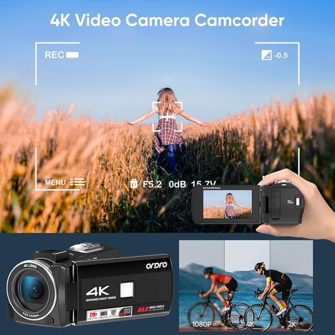 4K Video Camera Camcorder,1080P 60FPS Digital Camera IR Night Vision Camcorder, 3-inch 270° Rotatable Touchscreen Webcam Cam Corder with 32GB SD Card, Microphone, Stabilizer, Batteries, Tripod in Kuwait