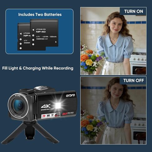 4K Video Camera Camcorder,1080P 60FPS Digital Camera IR Night Vision Camcorder, 3-inch 270° Rotatable Touchscreen Webcam Cam Corder with 32GB SD Card, Microphone, Stabilizer, Batteries, Tripod in Kuwait