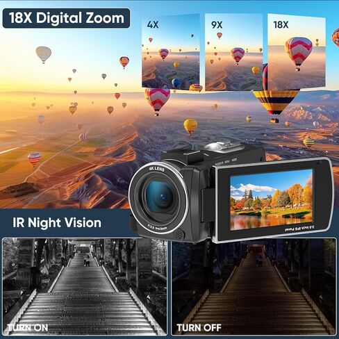 4K Video Camera Camcorder,1080P 60FPS Digital Camera IR Night Vision Camcorder, 3-inch 270° Rotatable Touchscreen Webcam Cam Corder with 32GB SD Card, Microphone, Stabilizer, Batteries, Tripod in Kuwait