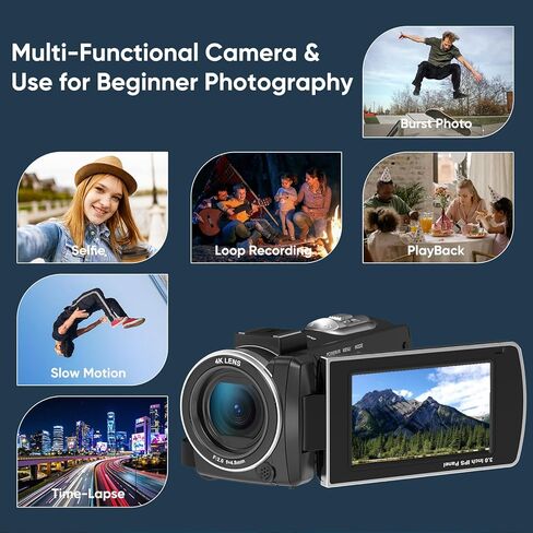 4K Video Camera Camcorder,1080P 60FPS Digital Camera IR Night Vision Camcorder, 3-inch 270° Rotatable Touchscreen Webcam Cam Corder with 32GB SD Card, Microphone, Stabilizer, Batteries, Tripod in Kuwait