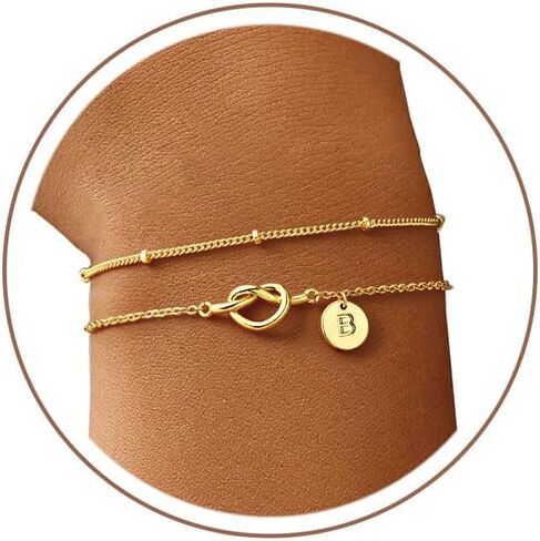 M MOOHAM Easter Gifts for Kids Teen Girls - Initial Bracelet Dainty 14K Gold Plated Knot Heart Disc Letter A-Z Initial Bracelet, Layered Link Charm Bracelets for Women Girls, Womens Jewelry Gifts in Saudi Arabia