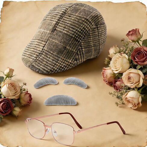 5Pcs Grandpa Old Man Costume Kit - Flat Hat, Glasses, Inflatable Cane, Fake Gray Mustache and Eyebrows Set in Saudi Arabia