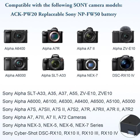 بطارية الدمية USB من النوع C NP-FW50 بديلة لبطارية الكاميرا NP-FW50، مناسبة لكاميرا Sony ZV-E10، A3000، A5000، A5100، A6000، A6100، A6300، A6400، A6500، A7، A7II، A7S، A7SII، RX10 II IV in Kuwait