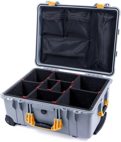 حافظة Pelican Protector 1560 من ColorCase - فضية - حافظة مقاومة للماء مع نظام مقسم TrekPak ومنظم غطاء شبكي - مقابض ومزالج برتقالية in Kuwait