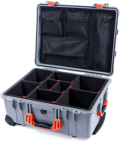 Pelican Protector 1560 Case by ColorCase - Silver - Waterproof Case with TrekPak Divider System & Mesh Lid Organizer - Orange Handles & Latches in Saudi Arabia