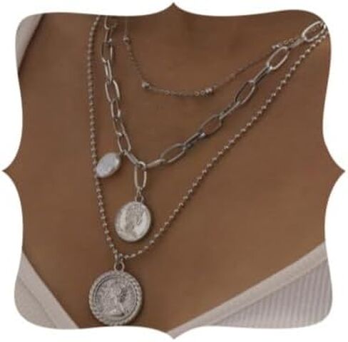 Silver Medallion Coin Pendant Ball Beads Choker Necklace for Women Coin Charm Necklaces (Silver) in Saudi Arabia