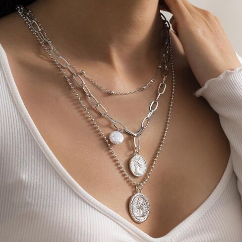 Silver Medallion Coin Pendant Ball Beads Choker Necklace for Women Coin Charm Necklaces (Silver) in Saudi Arabia