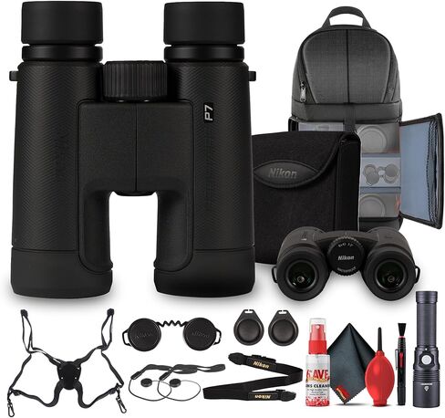 منظار نيكون بروستاف P7 10x42 | تصميم مقاوم للماء ومضاد للضباب مع تكبير 10x، بصريات مطلية متعددة الطبقات (16773) + حقيبة ظهر + مصباح يدوي + طقم تنظيف + حزام تعليق + 2 × غطاء حماية in Kuwait