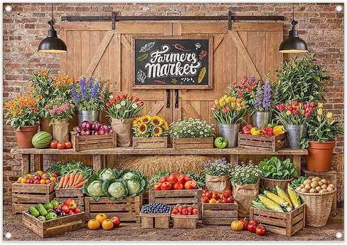 7x5ft Fabric Farmers Market Backdrop Fresh Vegetables Flowers Wooden Barn Spring Photography Background Baby Shower Birthday Party Decorations Photo Banner Props in Saudi Arabia