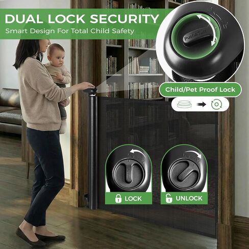 بوابات أطفال مطورة قابلة للسحب مقاس 71 بوصة، بوابة شبكية للكلاب مع قفل أرضي - بوابة أمان للرضع والأطفال الصغار والكلاب والحيوانات الأليفة، بوابة قوية مقاومة للخدش لمداخل الحيوانات الأليفة الداخلية وممرات المطبخ الصغيرة in Kuwait
