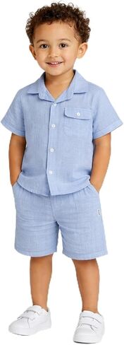 DKNY Toddler Boys' Cabana Set - 2 Piece Short Sleeve Button Down Shirt and Matching Shorts for Little Boys (Sizes: 2T-7) in Saudi Arabia