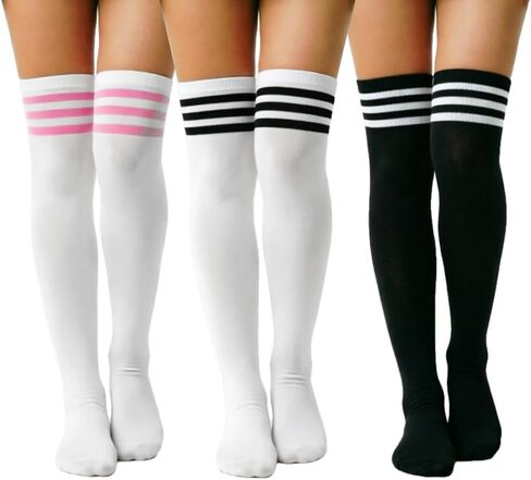 DRESHOW 3 Pairs Thigh High Socks Striped Over Knee Thin Tights Long Stocking Knee High Leg Warmer in Saudi Arabia