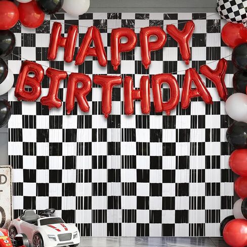 Menstarsi Car Birthday Decorations, Race Car Birthday Party Decorations, 2 Pack Black White Tinsel Foil Fringe Curtains, Checkered Backdrop, Photo Booth Prop Streamers for Kid Boy Men Party Decor in Kuwait