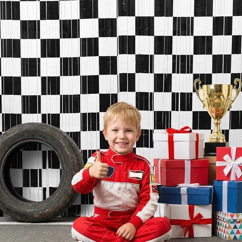 Menstarsi Car Birthday Decorations, Race Car Birthday Party Decorations, 2 Pack Black White Tinsel Foil Fringe Curtains, Checkered Backdrop, Photo Booth Prop Streamers for Kid Boy Men Party Decor in Kuwait