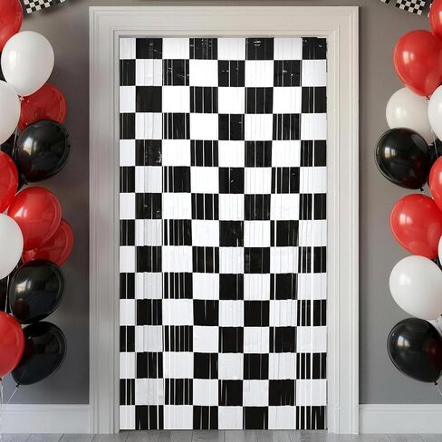 Menstarsi Car Birthday Decorations, Race Car Birthday Party Decorations, 2 Pack Black White Tinsel Foil Fringe Curtains, Checkered Backdrop, Photo Booth Prop Streamers for Kid Boy Men Party Decor in Kuwait