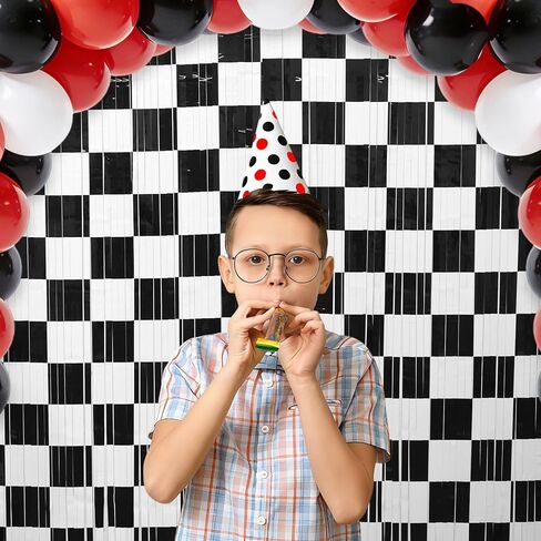 Menstarsi Car Birthday Decorations, Race Car Birthday Party Decorations, 2 Pack Black White Tinsel Foil Fringe Curtains, Checkered Backdrop, Photo Booth Prop Streamers for Kid Boy Men Party Decor in Kuwait