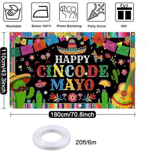 Mocsicka Cinco De Mayo لافتة خلفية موضوع مكسيكي ديكورات حفلات العيد كرنفال Cinco De Mayo ديكورات خلفية كشك الصور (6 × 3.6 قدم (70.8 × 43.3 بوصة)) in Kuwait