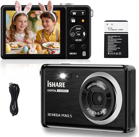 كاميرا رقمية 30 ميجابكسل FHD 1080P كاميرا بوينت آند شوت مع شاشة LCD 2.8 بوصة تكبير رقمي 18X، بطاقة SD سعة 32 جيجابايت بطاريتان، كاميرا مدمجة قابلة لإعادة الشحن للأطفال للمراهقين والطلاب وكبار السن (أسود) in Kuwait