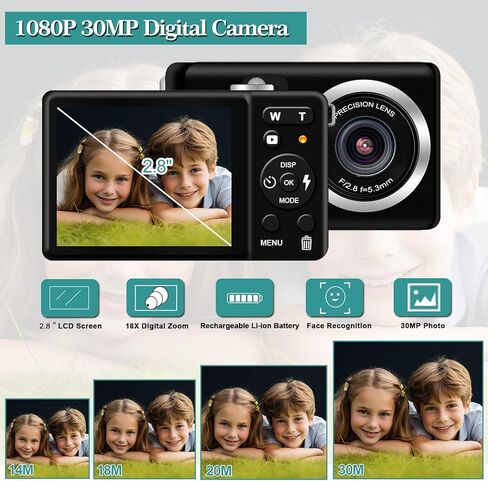 كاميرا رقمية 30 ميجابكسل FHD 1080P كاميرا بوينت آند شوت مع شاشة LCD 2.8 بوصة تكبير رقمي 18X، بطاقة SD سعة 32 جيجابايت بطاريتان، كاميرا مدمجة قابلة لإعادة الشحن للأطفال للمراهقين والطلاب وكبار السن (أسود) in Kuwait