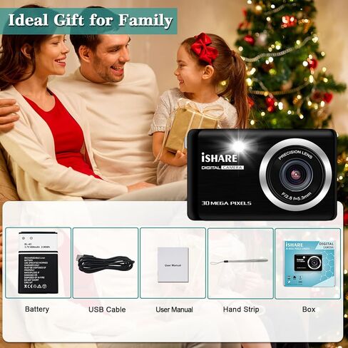كاميرا رقمية 30 ميجابكسل FHD 1080P كاميرا بوينت آند شوت مع شاشة LCD 2.8 بوصة تكبير رقمي 18X، بطاقة SD سعة 32 جيجابايت بطاريتان، كاميرا مدمجة قابلة لإعادة الشحن للأطفال للمراهقين والطلاب وكبار السن (أسود) in Kuwait