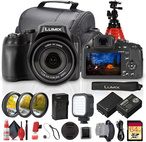 كاميرا باناسونيك لوميكس FZ85D / FZ80D الرقمية، مستشعر MOS بدقة 18.1 ميجابكسل، زووم بصري 60x، 20-1200 مم، حزمة فيديو 4K30 مع حامل ثلاثي مرن + بطاقة ذاكرة 64 جيجابايت + حقيبة + ضوء LED + المزيد (13 عنصرًا) in Kuwait
