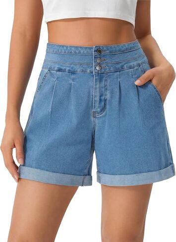 roswear Jean Shorts for Women Stretchy Wide Leg High Waisted Denim Shorts with Cuffed Hem in Saudi Arabia