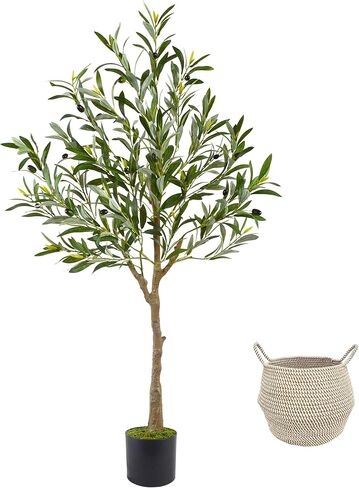 Artificial Olive Tree, 6ft Tall Fake Olive Leaves Plant with Basket, Indoor Outdoor Faux Olive Topiary Silk Tree for Home Livingroom Office Décor in Saudi Arabia