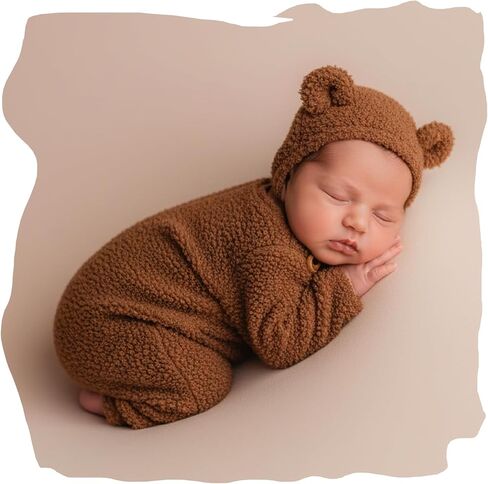 Newborn Photography Outfits Boy Girl Bear Hat & Footed Romper Baby Photoshoot Props Infant Photo Props in Saudi Arabia