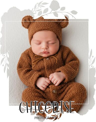 Newborn Photography Outfits Boy Girl Bear Hat & Footed Romper Baby Photoshoot Props Infant Photo Props in Saudi Arabia