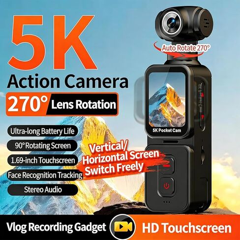5K Handheld Vlogging Camera with Touch Screen,WiFi Pocket Action Camera with stabilization,Automatic Rotating Wide-Angle,External Mic,Remote Control for Traval,YouTube and vlogging (128gb) in Kuwait