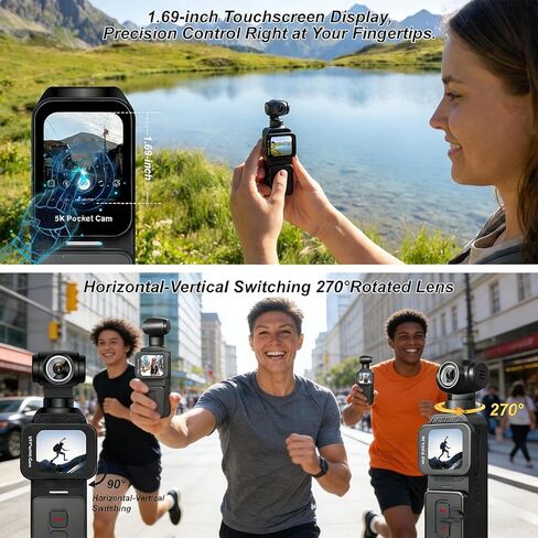 5K Handheld Vlogging Camera with Touch Screen,WiFi Pocket Action Camera with stabilization,Automatic Rotating Wide-Angle,External Mic,Remote Control for Traval,YouTube and vlogging (128gb) in Kuwait