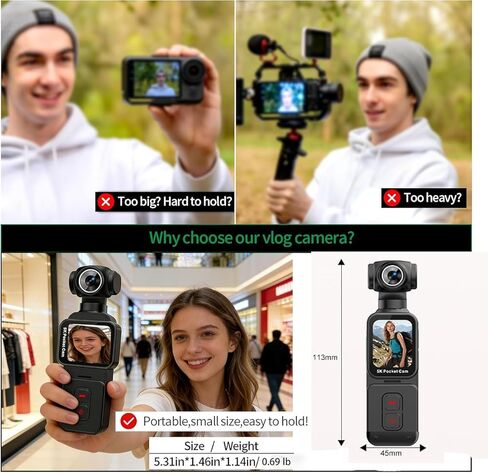 5K Handheld Vlogging Camera with Touch Screen,WiFi Pocket Action Camera with stabilization,Automatic Rotating Wide-Angle,External Mic,Remote Control for Traval,YouTube and vlogging (128gb) in Kuwait