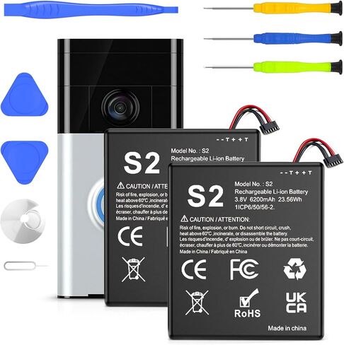 بطارية SHENMZ S2 (6 دبابيس)، بطارية قابلة لإعادة الشحن بقدرة 6200 مللي أمبير في الساعة متوافقة مع جرس باب الفيديو الدائري الجيل الثاني 5UM5E5 1ICP6/50/56-2 مع أدوات إصلاح، عبوتان in Kuwait