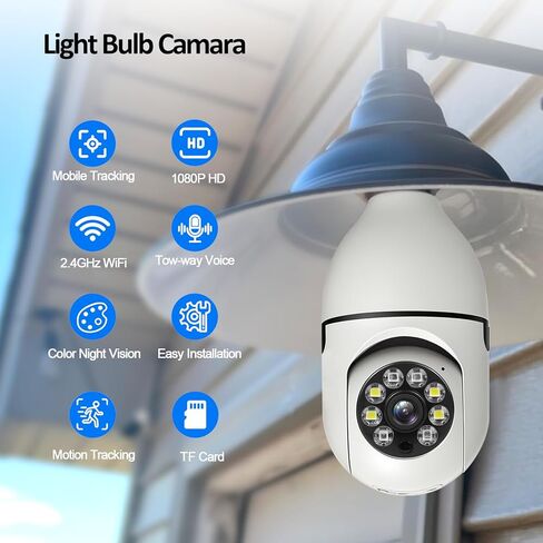 Light Bulb Security Camera Wireless WiFi, 360° Pan/Tilt Indoor Cam, HD Socket Home Surveillance, Smart Motion Tracking, Color Night Vision, 2-Way Audio in Kuwait