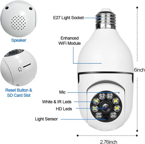 Light Bulb Security Camera Wireless WiFi, 360° Pan/Tilt Indoor Cam, HD Socket Home Surveillance, Smart Motion Tracking, Color Night Vision, 2-Way Audio in Kuwait