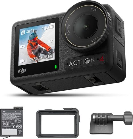 مجموعة DJI Osmo Action 4 القياسية، كاميرا أكشن مقاومة للماء بدقة 4K/120 إطارًا في الثانية مع مستشعر 1/1.3 بوصة، تصوير مذهل في الإضاءة المنخفضة، أداء ألوان 10 بت وD-Log M، يدوم طويلاً 160 دقيقة (متجدد) in Kuwait
