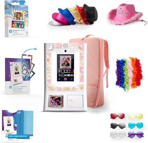 طابعة صور ملونة فورية HP Sprocket Photo Booth (أبيض) + ورق زنك (x100) + حافظة + إطارات ملصقات (x15) + واقي شاشة (x2) + فيدورا (x6) + نظارات (6 قطع) + بوا (x6) + قبعة رعاة البقر in Kuwait