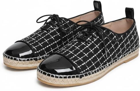 Womens Lace-up Espadrille Oxfords Breathable Patent Leather Cap Toe Jute Sole Flats Summer Leopard Tweed Woven Texture in Saudi Arabia