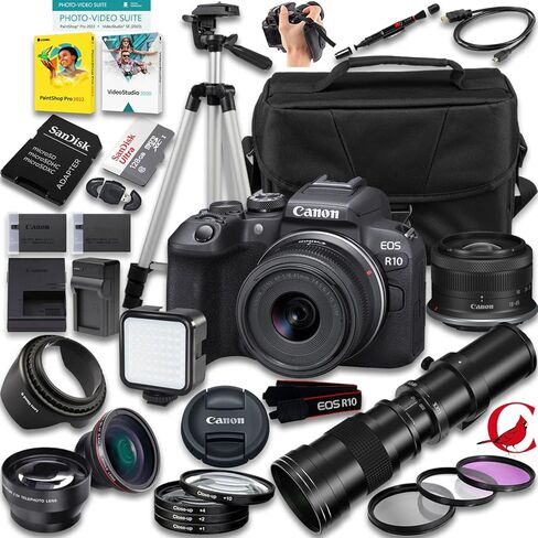 كاميرا Canon EOS R10 بدون مرآة مع عدسة STM مقاس 18-45 مم f/4.5-6.3 وعدسة تليفوتوغرافي يدوية فائقة الدقة مقاس 420-800 مم f/8 + ذاكرة سعة 128 جيجابايت + بطارية إضافية + حقيبة كاميرا + المزيد (حزمة مكونة من 31 قطعة) in Kuwait