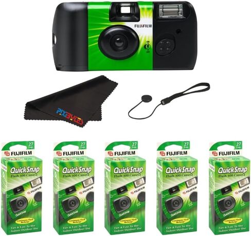 كاميرا Fujifilm QuickSnap Flash 400 للاستخدام مرة واحدة مع حافظة للغطاء وقطعة قماش للتنظيف من الألياف الدقيقة من Pixibytes... (5 عبوات (QuickSnap)) in Kuwait