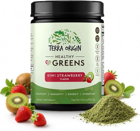 Terra Origin Greens Powder Packets | 74+ فيتامين و Superfoods | يدعم صحة الأمعاء ، الانتفاخ ، والطاقة | مع مضادات الأكسدة ، إنزيمات الجهاز الهضمي ، Adaptogens | Kiwi Strawberry (15 حزمة) in Kuwait