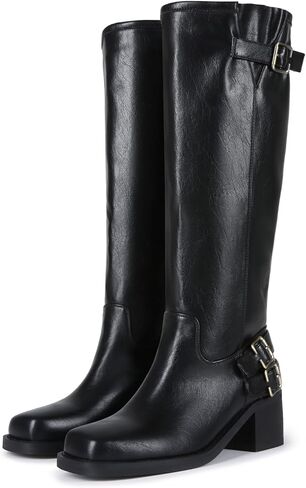 المرأة حذاء برقبة للركبة واسعة أنبوب دراجة نارية الأحذية ساحة تو كعب منخفض مكتنزة موضة أبازيم جلدية Frye السائق أحذية ركوب الخيل in Kuwait