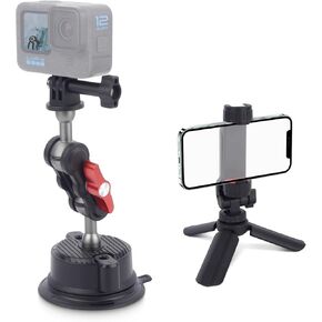 Suction Cup Camera Mount Kit with Tripod Mount Adapter, Mini Tripod with 360°Phone Holder & Dual Cold Shoes for Go Pro Hero, DJl OSMO Action,Insta360 X4/X3/DSLR/Smartphone -SJ020 in Kuwait