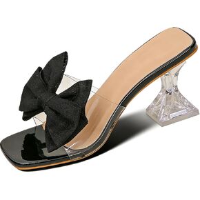 Women's Clear Bowknot Chunky High Heel Slide Sandals Fashion Square Open Toe 2.95IN Block Heel Mule Sandals for Summer Daily Wedding Bridal Party Dress Shoes in Kuwait
