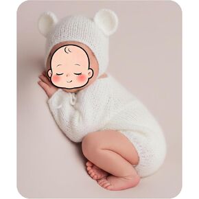Newborn Photography Bear Outfits | Mohair Long Sleeve Romper and Hat Set Unisex Baby Photoshoot Props Photo Prop in Kuwait