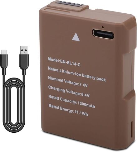 بطارية EN-EL14 EN-EL14a بقدرة 1500 مللي أمبير في الساعة مع كابل شحن سريع USB-C لكاميرات Nikon D3100 D3200 D3300 D3400 D3500 D5100 D5200 D5300 D5500 D5600 DF Coolpix P7000 P7100 P7700 P7800 in Kuwait