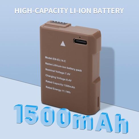 بطارية EN-EL14 EN-EL14a بقدرة 1500 مللي أمبير في الساعة مع كابل شحن سريع USB-C لكاميرات Nikon D3100 D3200 D3300 D3400 D3500 D5100 D5200 D5300 D5500 D5600 DF Coolpix P7000 P7100 P7700 P7800 in Kuwait