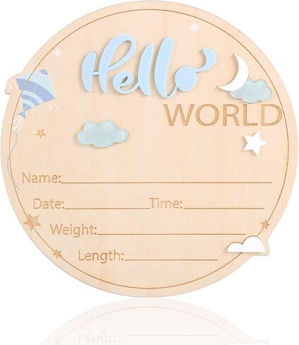 لوحة إعلان الطفل، 15 سم/6 بوصة Hello World لوحة ترحيب لحديثي الولادة لوحة خشبية لإحصائيات الميلاد لوحات اسم لديكور غرفة الحضانة في المستشفى مولود جديد (نمط طائرة ورقية زرقاء) in Kuwait