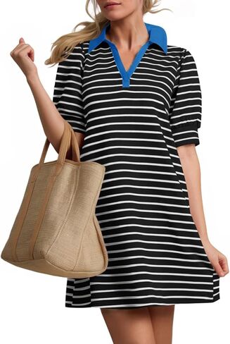 ZESICA Women's Summer Casual Striped Mini Dresses 2025 Lapel V Neck Short Sleeve Flowy A Line T Shirt Dress in Saudi Arabia